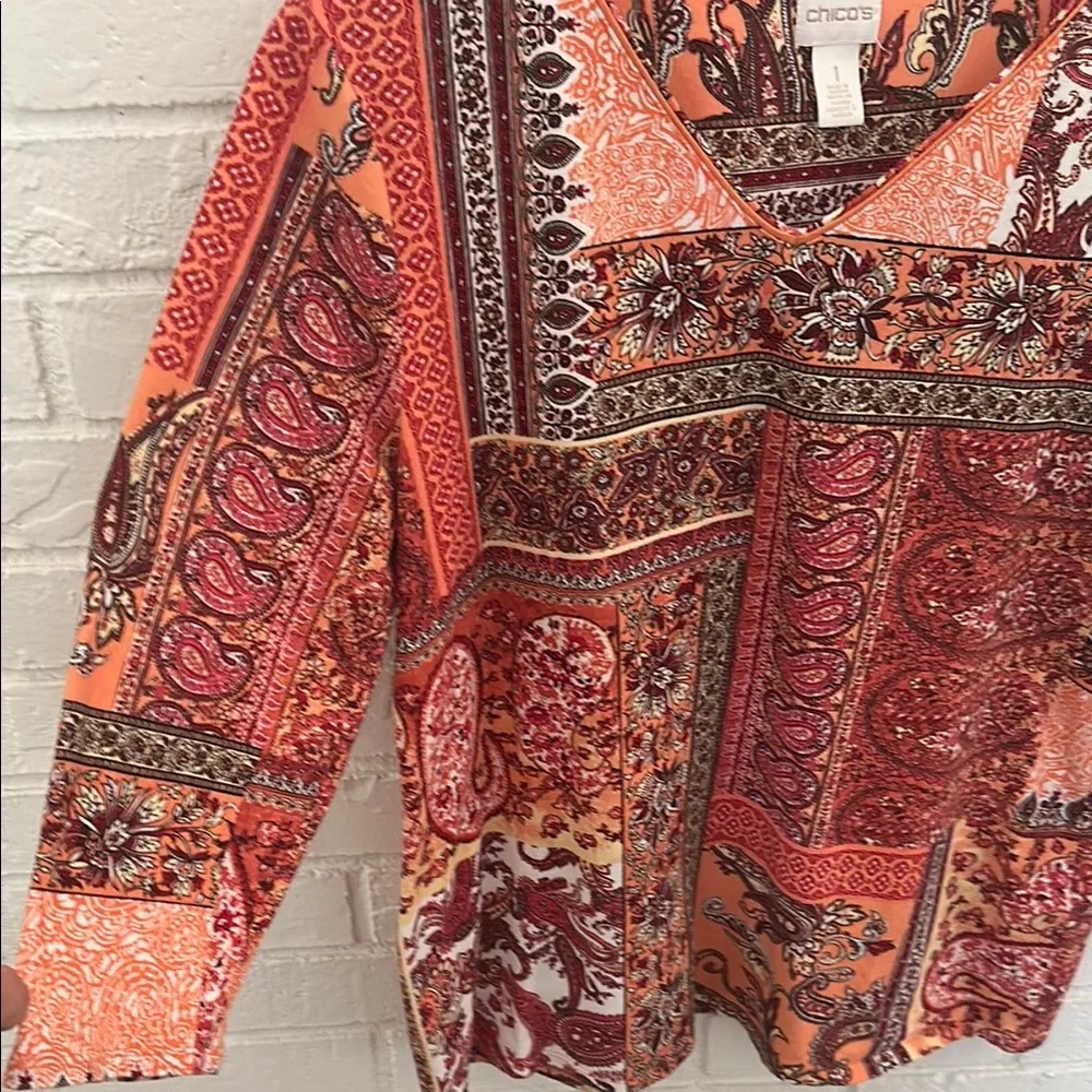Chico's Women's Red and Orange Patchwork Blouse - Picture 4 of 12